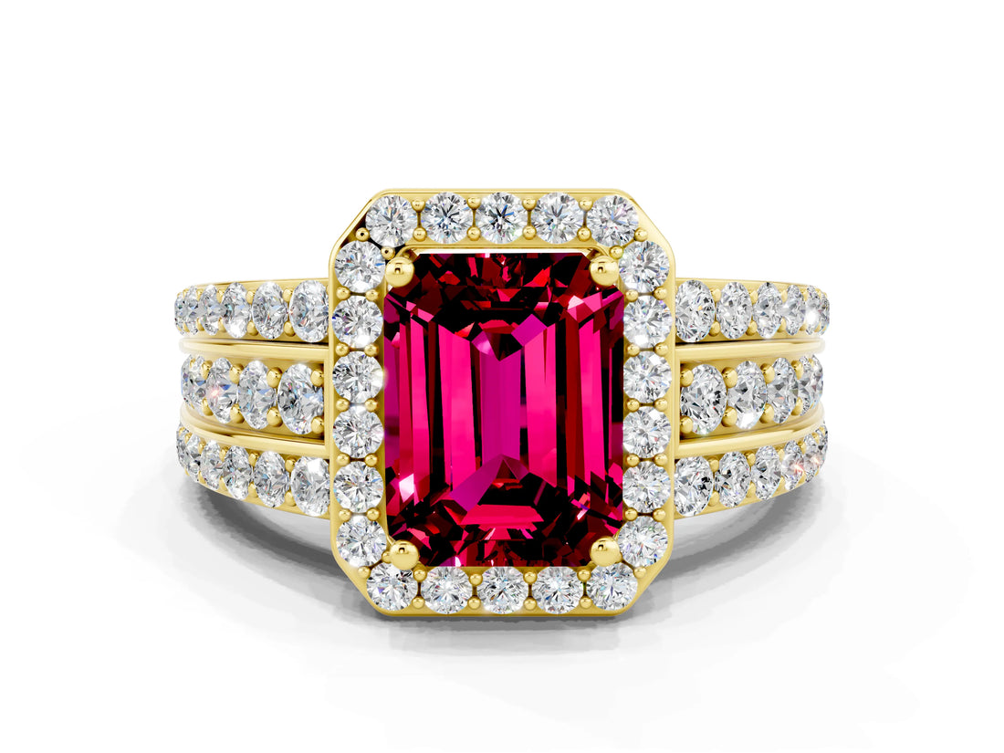 Yellow gold Emerald Cut Halo Garnet Ring with Split Shank and Four-Prong Setting
