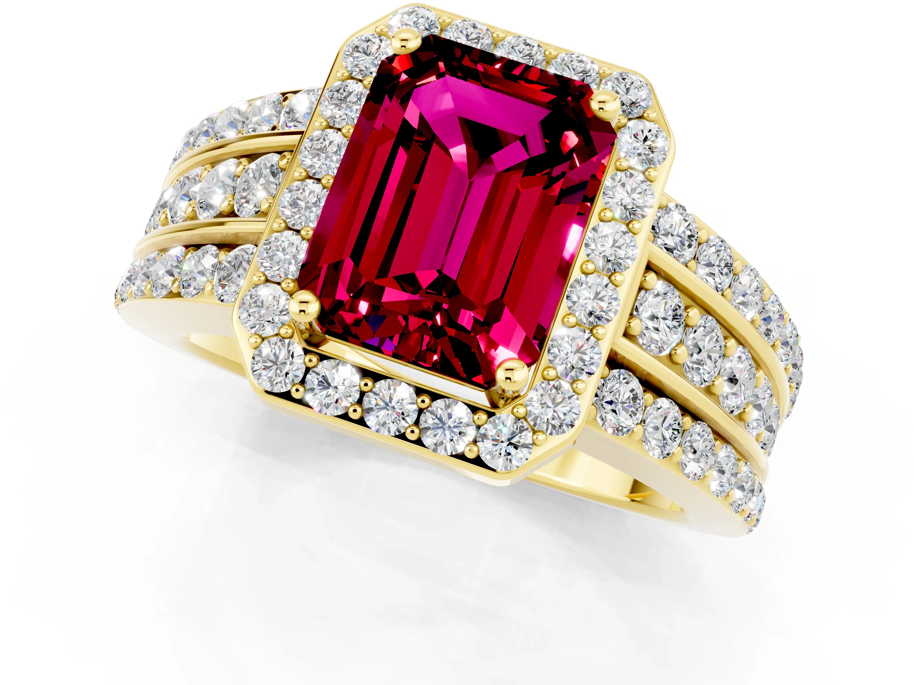 Yellow gold Emerald Cut Halo Garnet Ring with Split Shank and Four-Prong Setting_1