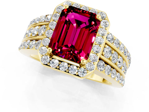 Yellow gold Emerald Cut Halo Garnet Ring with Split Shank and Four-Prong Setting_1