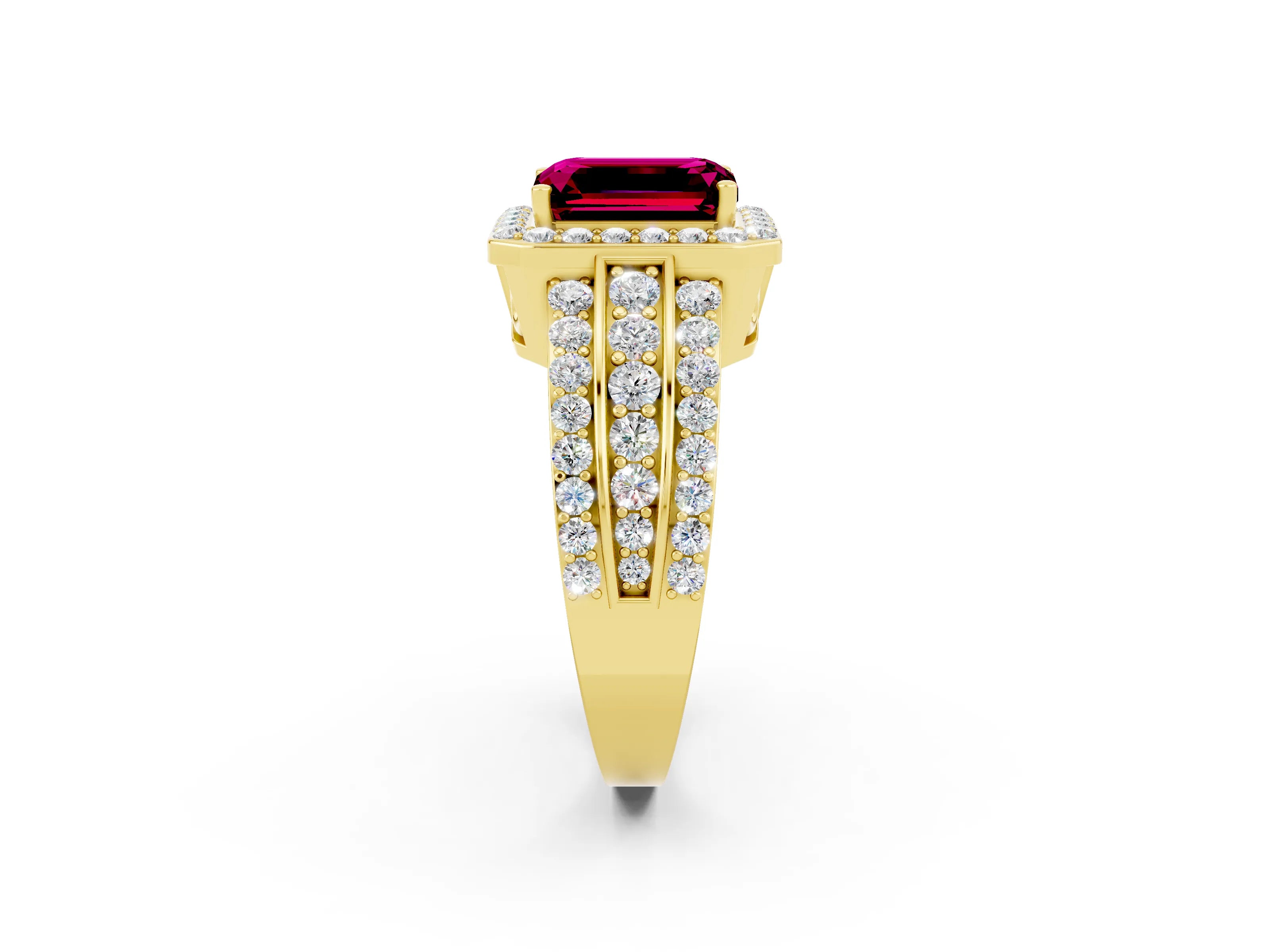 Yellow gold Emerald Cut Halo Garnet Ring with Split Shank and Four-Prong Setting_2