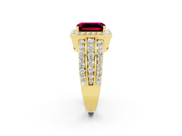 Yellow gold Emerald Cut Halo Garnet Ring with Round  Split Shank and Prong Setting
