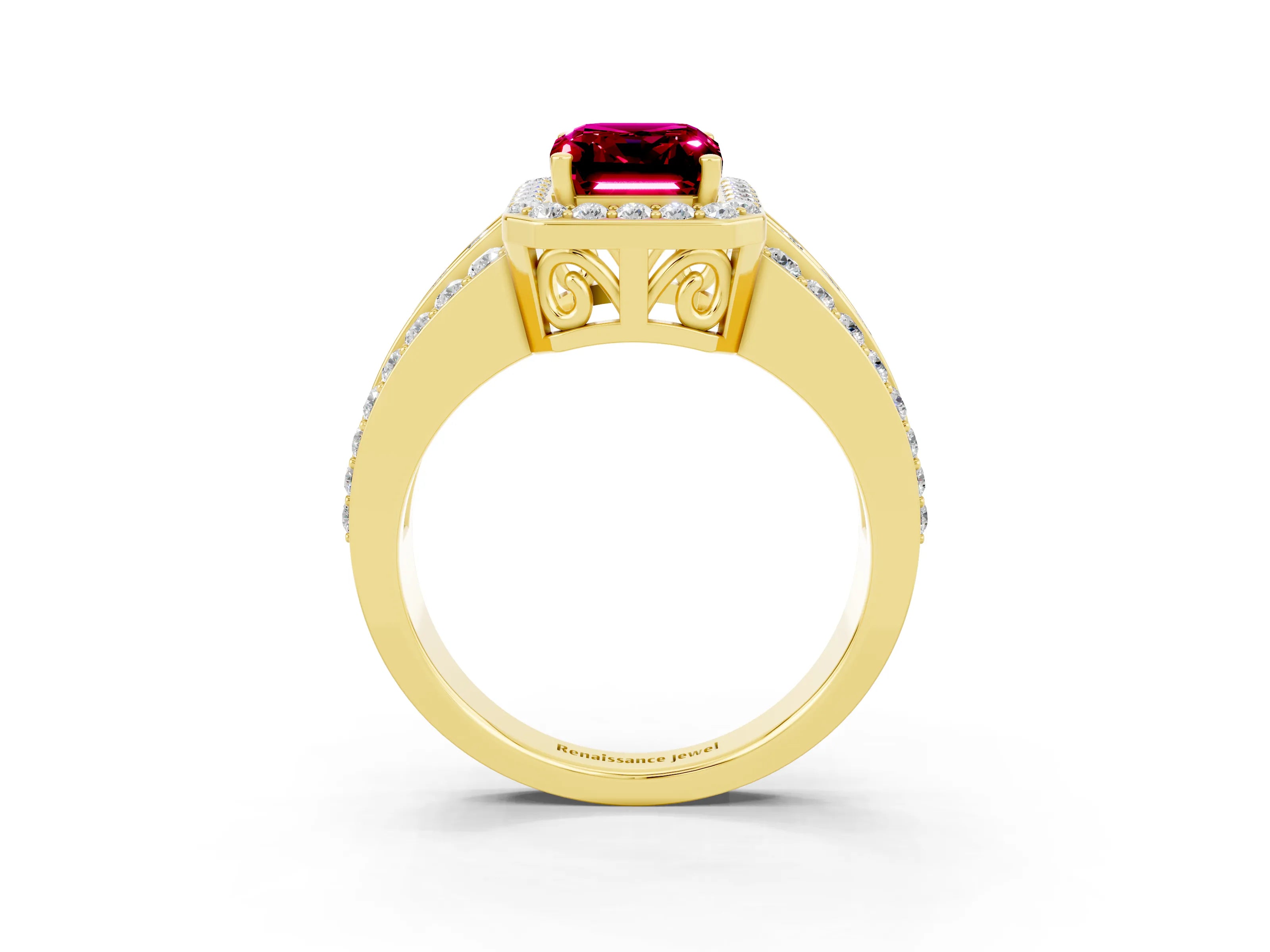 Yellow gold Emerald Cut Halo Garnet Ring with Split Shank and Four-Prong Setting_3