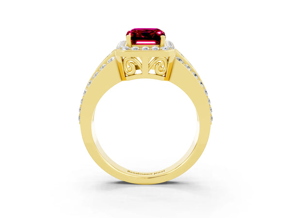 Yellow gold Emerald Cut Halo Garnet Ring with Round  Split Shank and Prong Setting