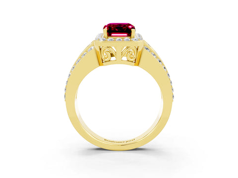 Yellow gold Emerald Cut Halo Garnet Ring with Split Shank and Four-Prong Setting_3