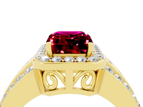 Yellow gold Emerald Cut Halo Garnet Ring with Split Shank and Four-Prong Setting_4