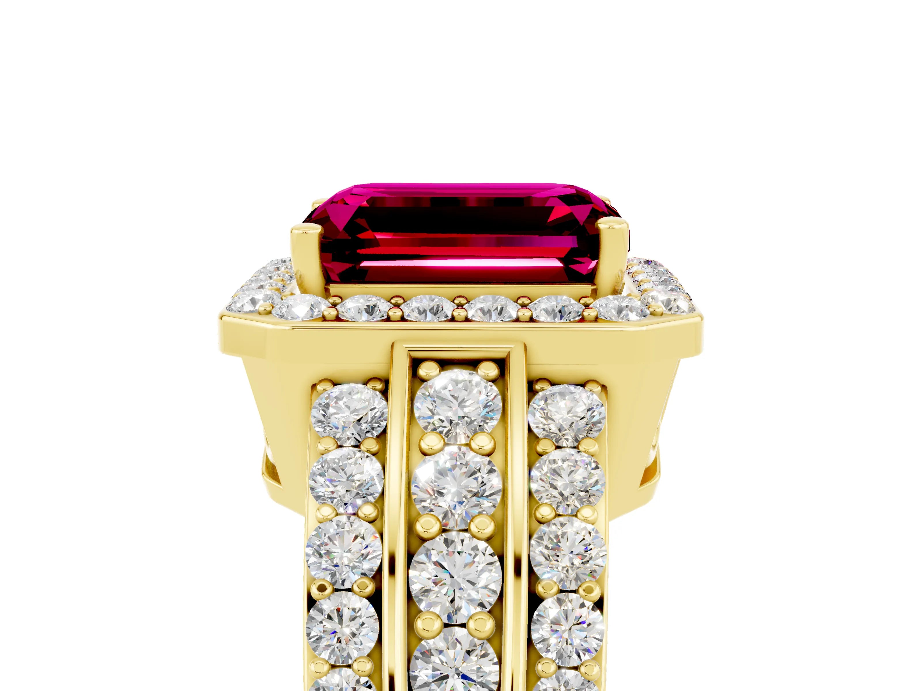 Yellow gold Emerald Cut Halo Garnet Ring with Split Shank and Four-Prong Setting_5