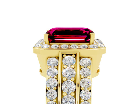 Yellow gold Emerald Cut Halo Garnet Ring with Split Shank and Four-Prong Setting_5