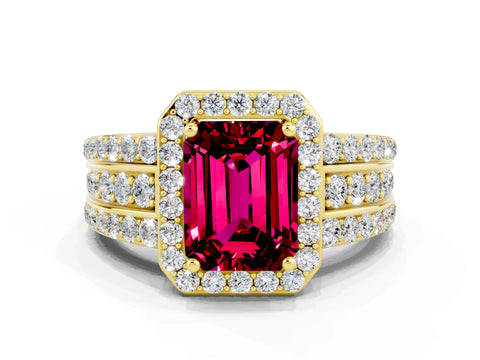 Yellow gold Emerald Cut Halo Garnet Ring with Split Shank and Four-Prong Setting