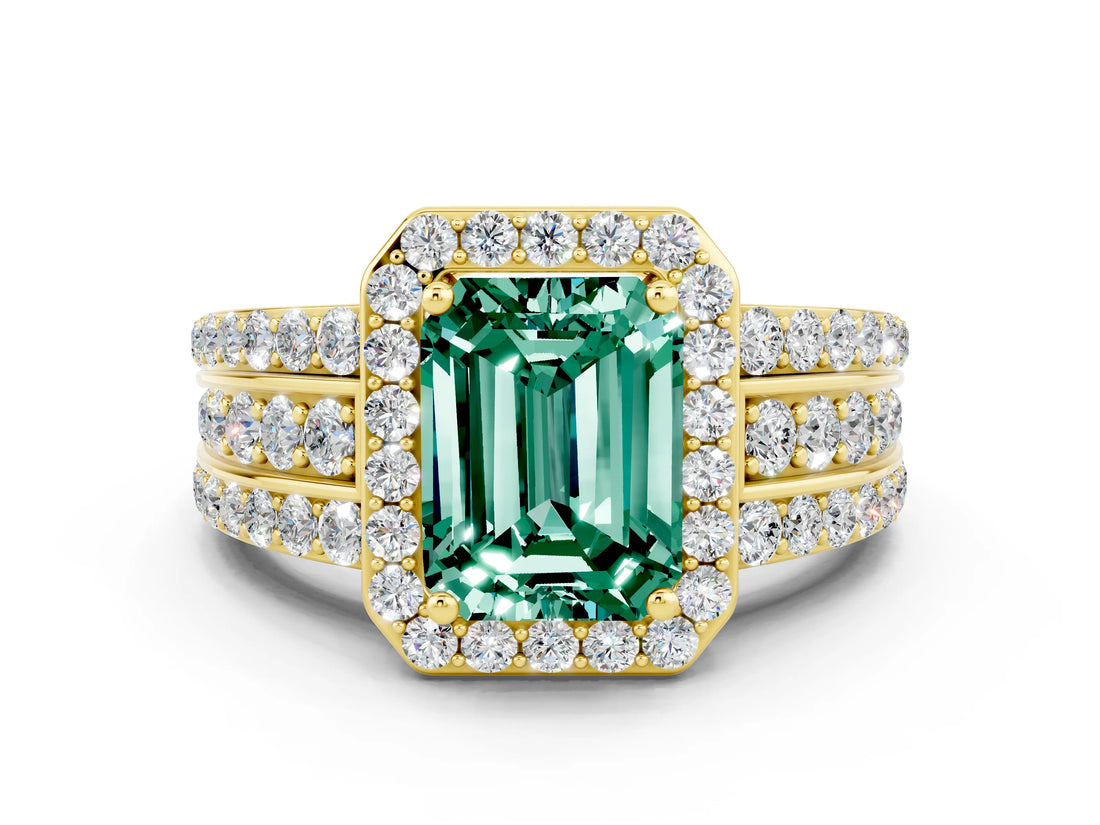 Yellow gold Emerald Cut Halo Green Sapphire Ring with Split Shank and Four-Prong Setting