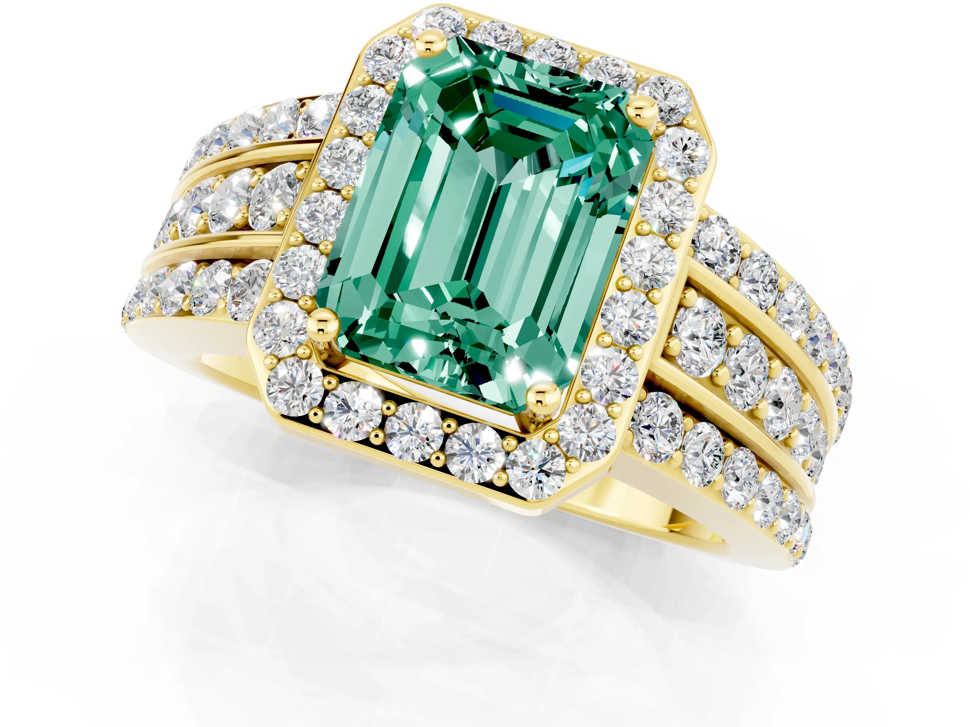 Yellow gold Emerald Cut Halo Green Sapphire Ring with Split Shank and Four-Prong Setting_1
