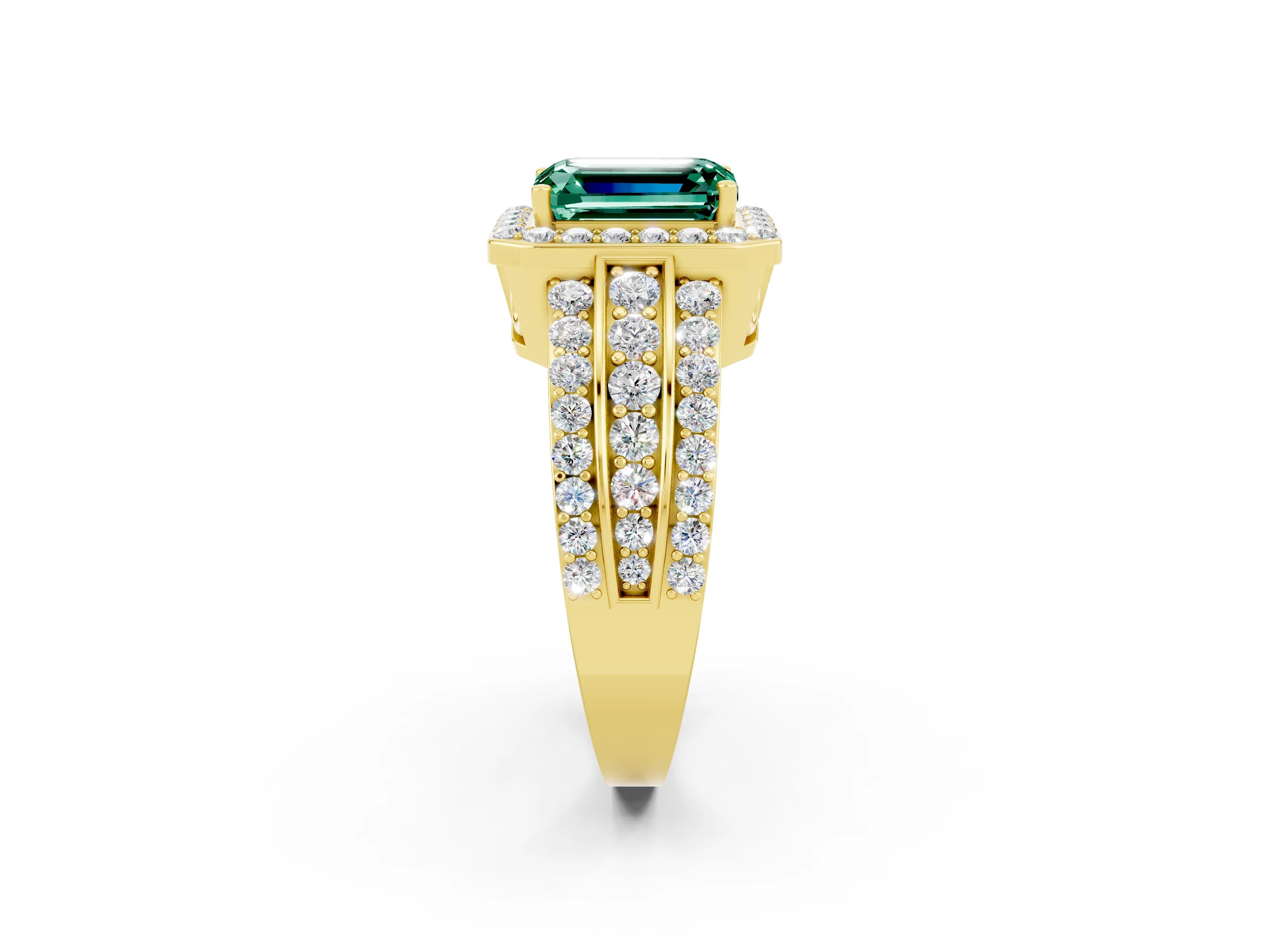 Yellow gold Emerald Cut Halo Green Sapphire Ring with Split Shank and Four-Prong Setting_2