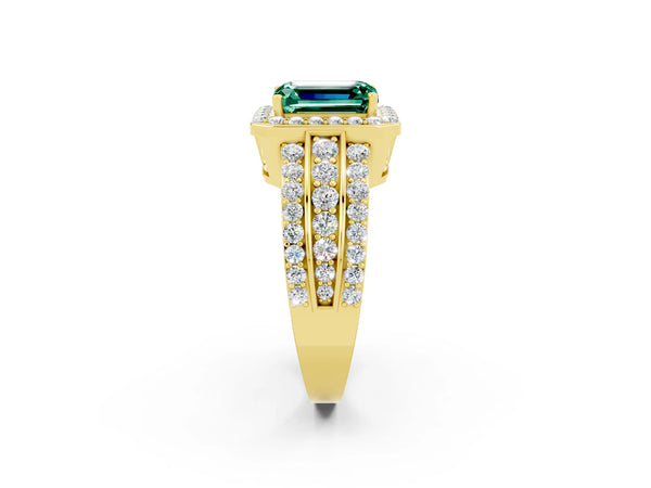 Yellow gold Emerald Cut Halo Green Sapphire Ring with Round  Split Shank and Prong Setting