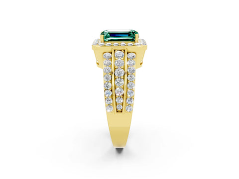 Yellow gold Emerald Cut Halo Green Sapphire Ring with Split Shank and Four-Prong Setting_2
