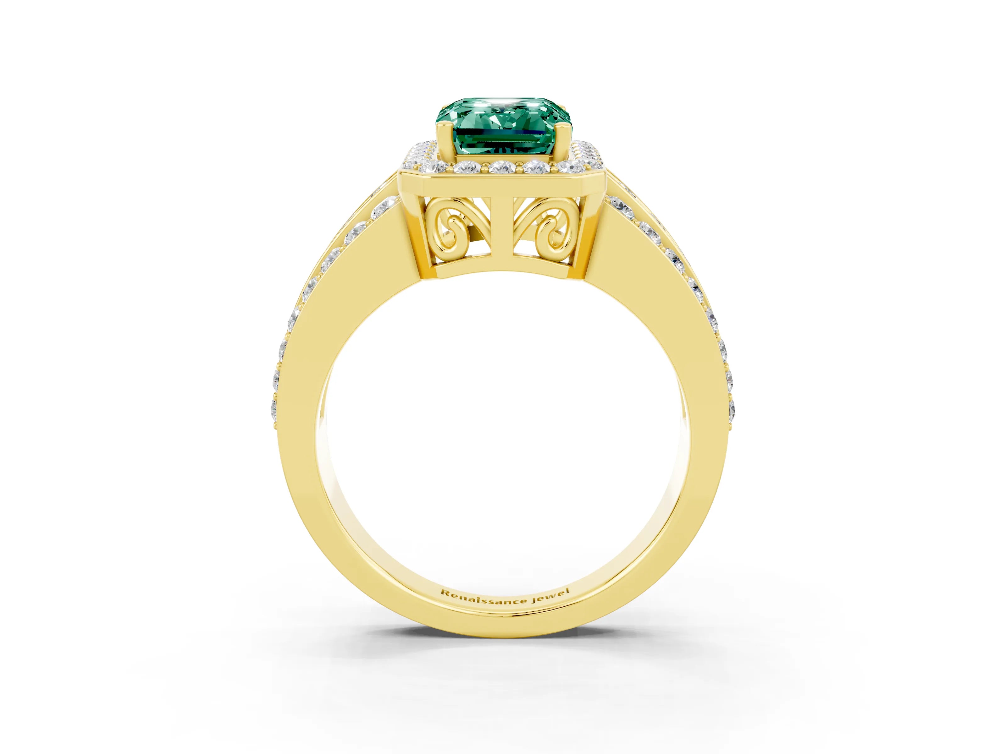 Yellow gold Emerald Cut Halo Green Sapphire Ring with Split Shank and Four-Prong Setting_3