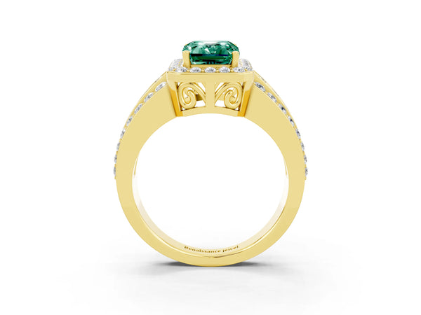 Yellow gold Emerald Cut Halo Green Sapphire Ring with Round  Split Shank and Prong Setting