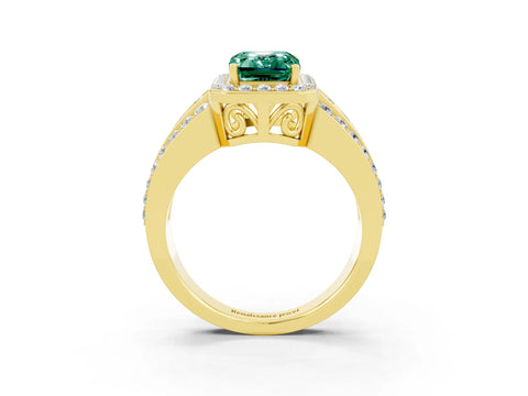Yellow gold Emerald Cut Halo Green Sapphire Ring with Split Shank and Four-Prong Setting_3