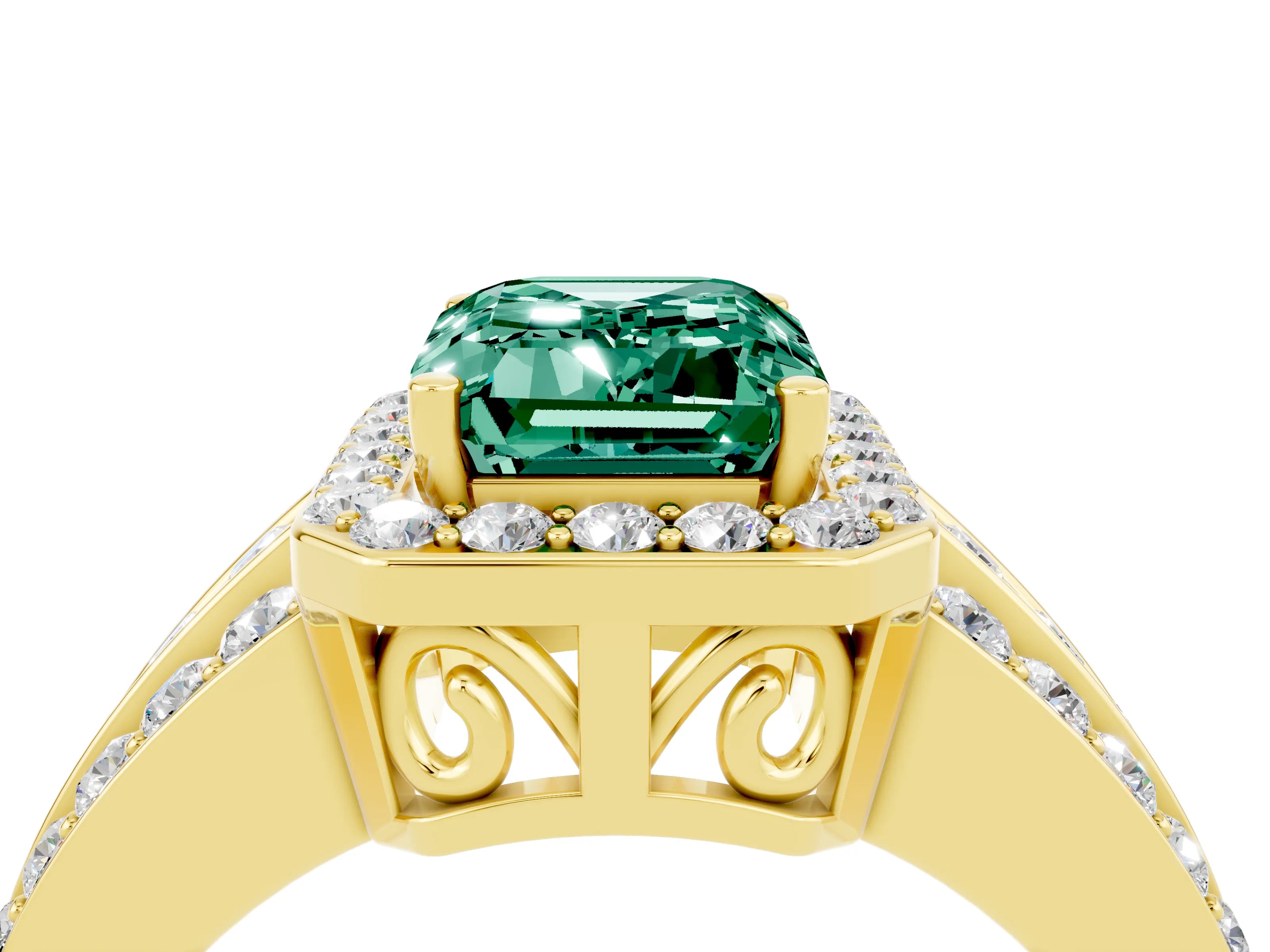 Yellow gold Emerald Cut Halo Green Sapphire Ring with Split Shank and Four-Prong Setting_4