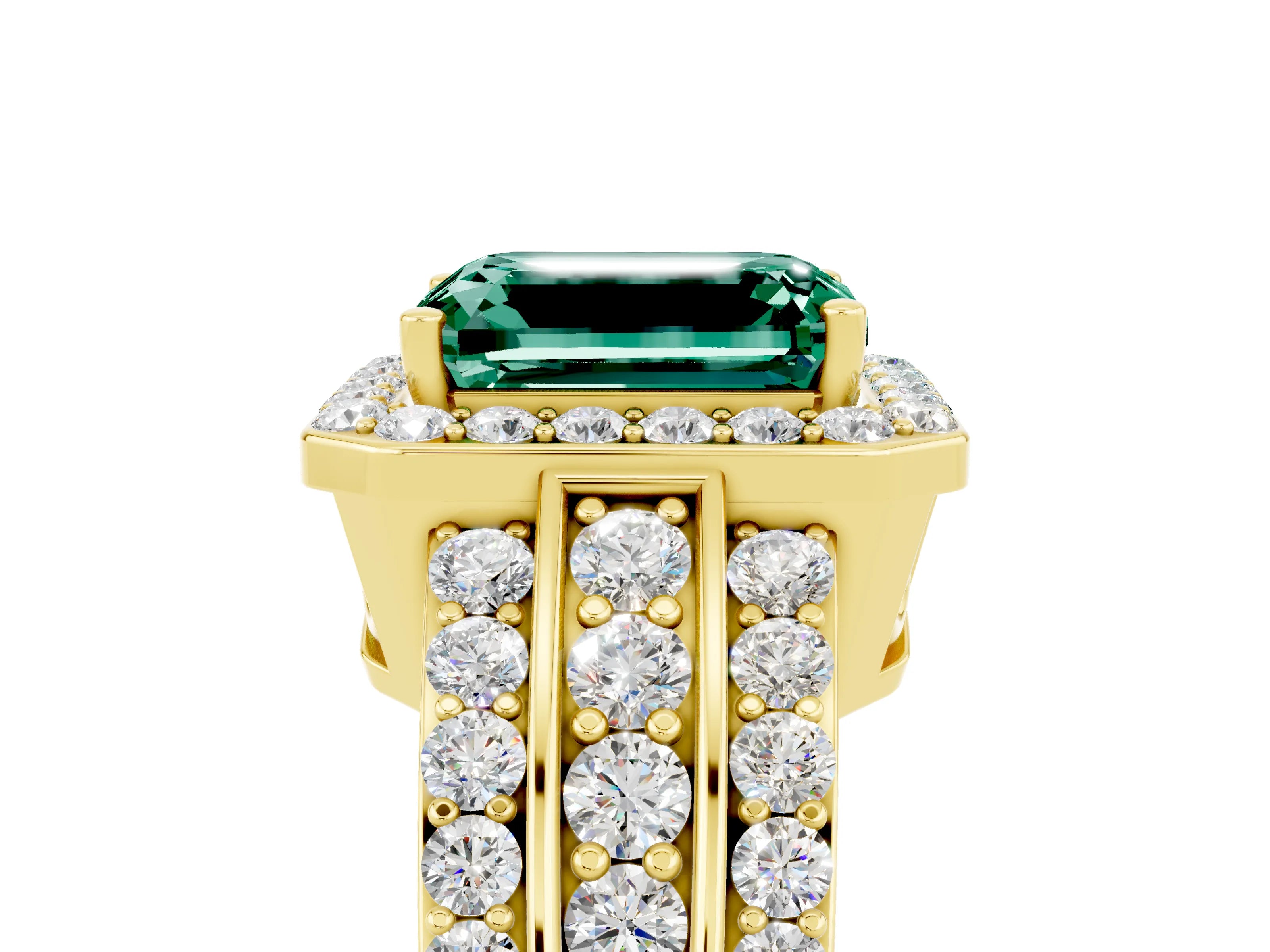 Yellow gold Emerald Cut Halo Green Sapphire Ring with Split Shank and Four-Prong Setting_5