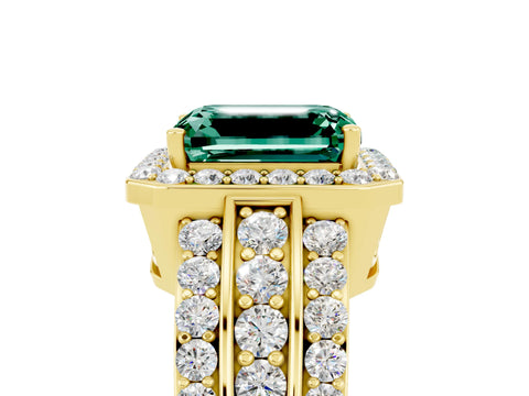 Yellow gold Emerald Cut Halo Green Sapphire Ring with Split Shank and Four-Prong Setting_5