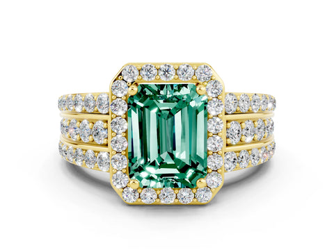 Yellow gold Emerald Cut Halo Green Sapphire Ring with Split Shank and Four-Prong Setting