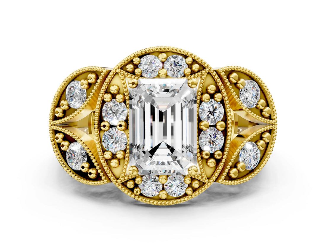 Yellow gold Emerald Cut Halo Milgrain Diamond Engagement Ring with Leaf Band and Four-Prong Setting_3