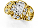 Yellow gold Emerald Cut Halo Milgrain Diamond Engagement Ring with Leaf Band and Four-Prong Setting_4