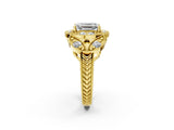 Yellow gold Emerald Cut Halo Milgrain Diamond Engagement Ring with Leaf Band and Four-Prong Setting_5