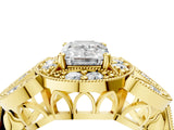 Yellow gold Emerald Cut Halo Milgrain Diamond Engagement Ring with Leaf Band and Four-Prong Setting_7