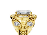 Yellow gold Emerald Cut Halo Milgrain Diamond Engagement Ring with Leaf Band and Four-Prong Setting_8