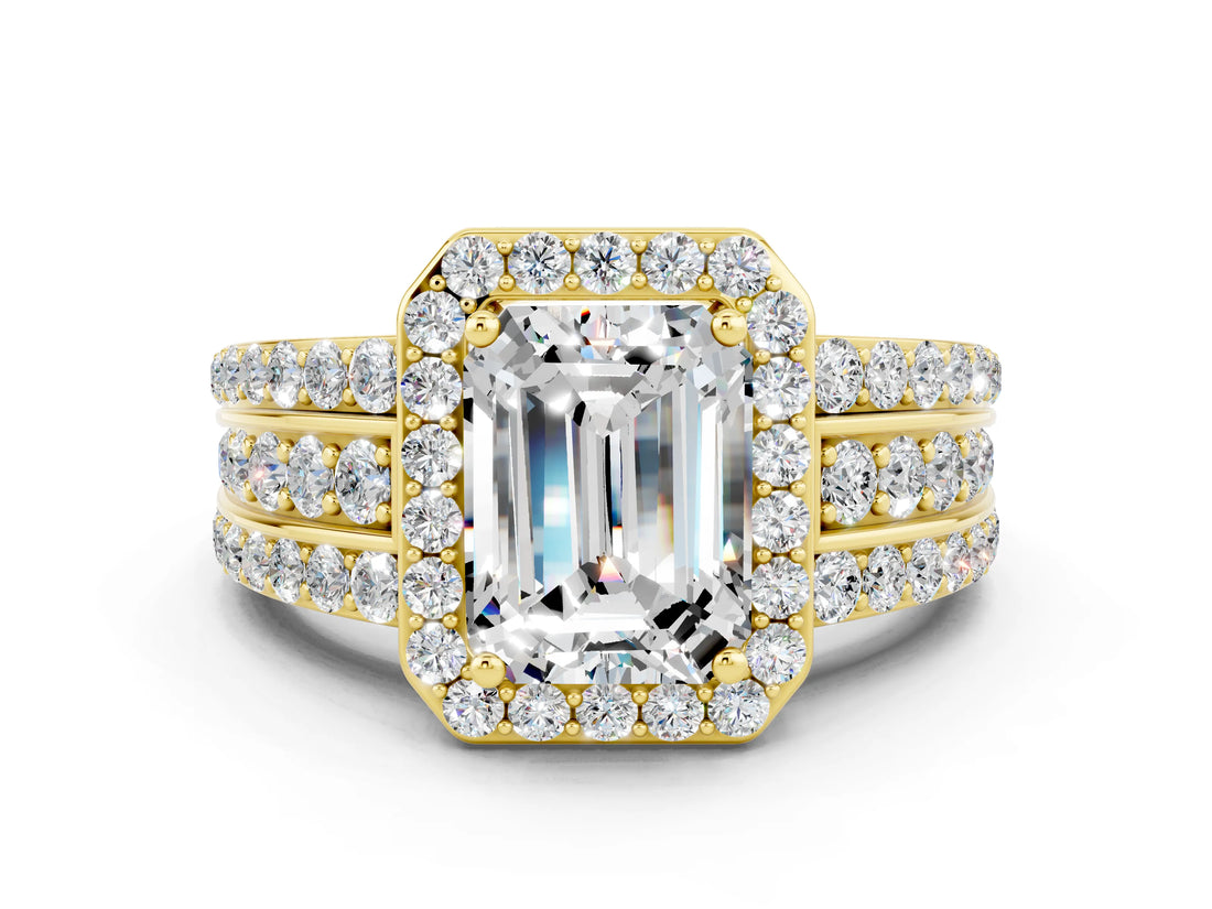 Yellow gold Emerald Cut Halo Moissanite Ring with Split Shank and Four-Prong Setting