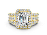 Yellow gold Emerald Cut Halo Moissanite Ring with Split Shank and Four-Prong Setting