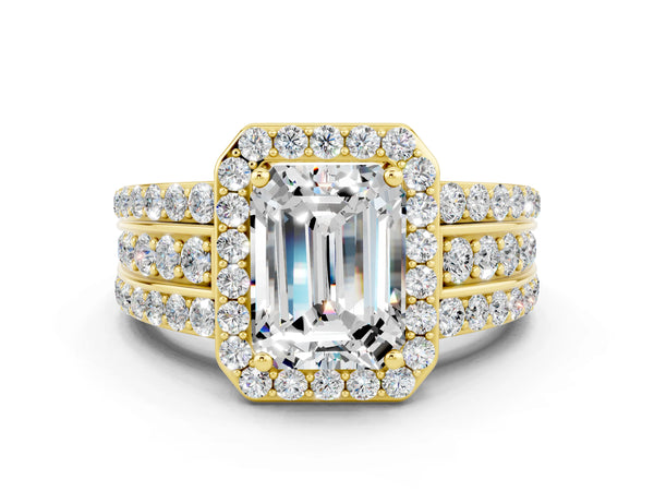 Yellow gold Emerald Cut Halo Moissanite Ring with Round  Split Shank and Prong Setting