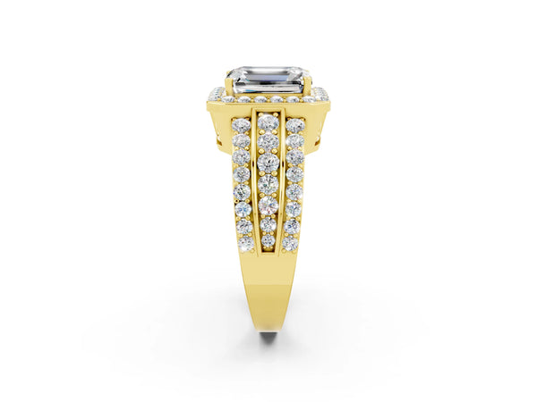 Yellow gold Emerald Cut Halo Moissanite Ring with Round  Split Shank and Prong Setting