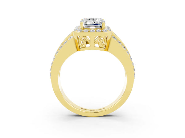 Yellow gold Emerald Cut Halo Moissanite Ring with Round  Split Shank and Prong Setting