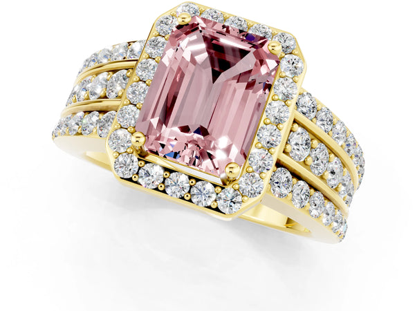 Yellow gold Emerald Cut Halo Morganite Ring with Round  Split Shank and Prong Setting