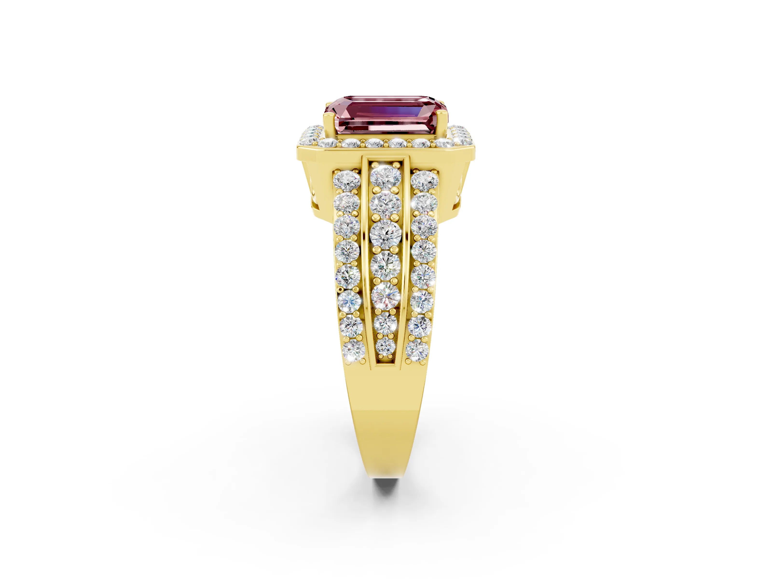 Yellow gold Emerald Cut Halo Morganite Ring with Split Shank and Four-Prong Setting_2
