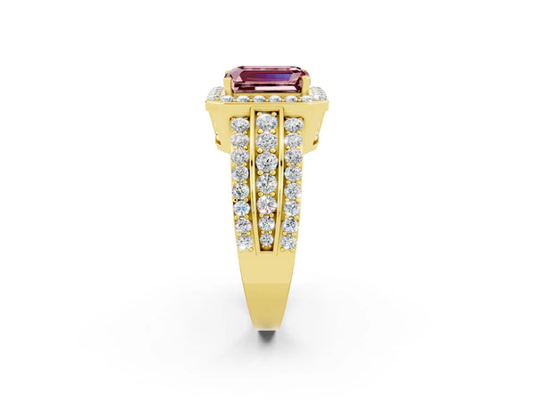 Yellow gold Emerald Cut Halo Morganite Ring with Round  Split Shank and Prong Setting