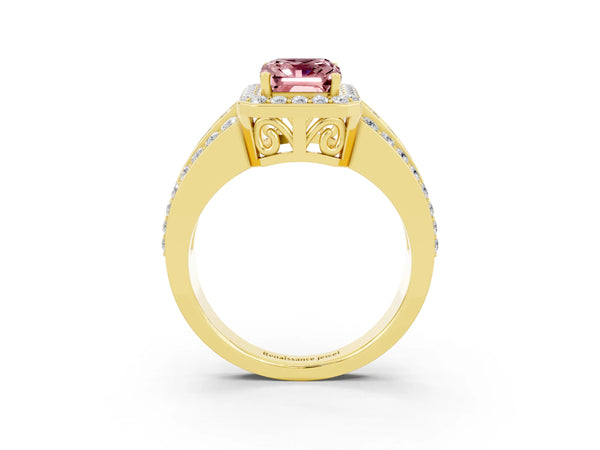 Yellow gold Emerald Cut Halo Morganite Ring with Round  Split Shank and Prong Setting