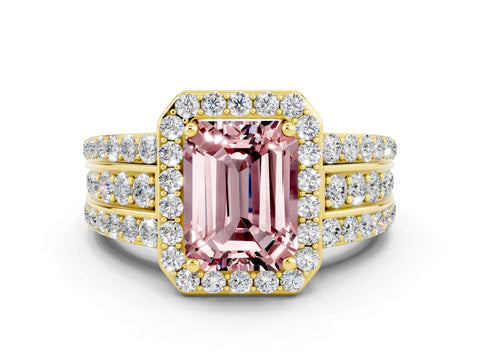 Yellow gold Emerald Cut Halo Morganite Ring with Split Shank and Four-Prong Setting