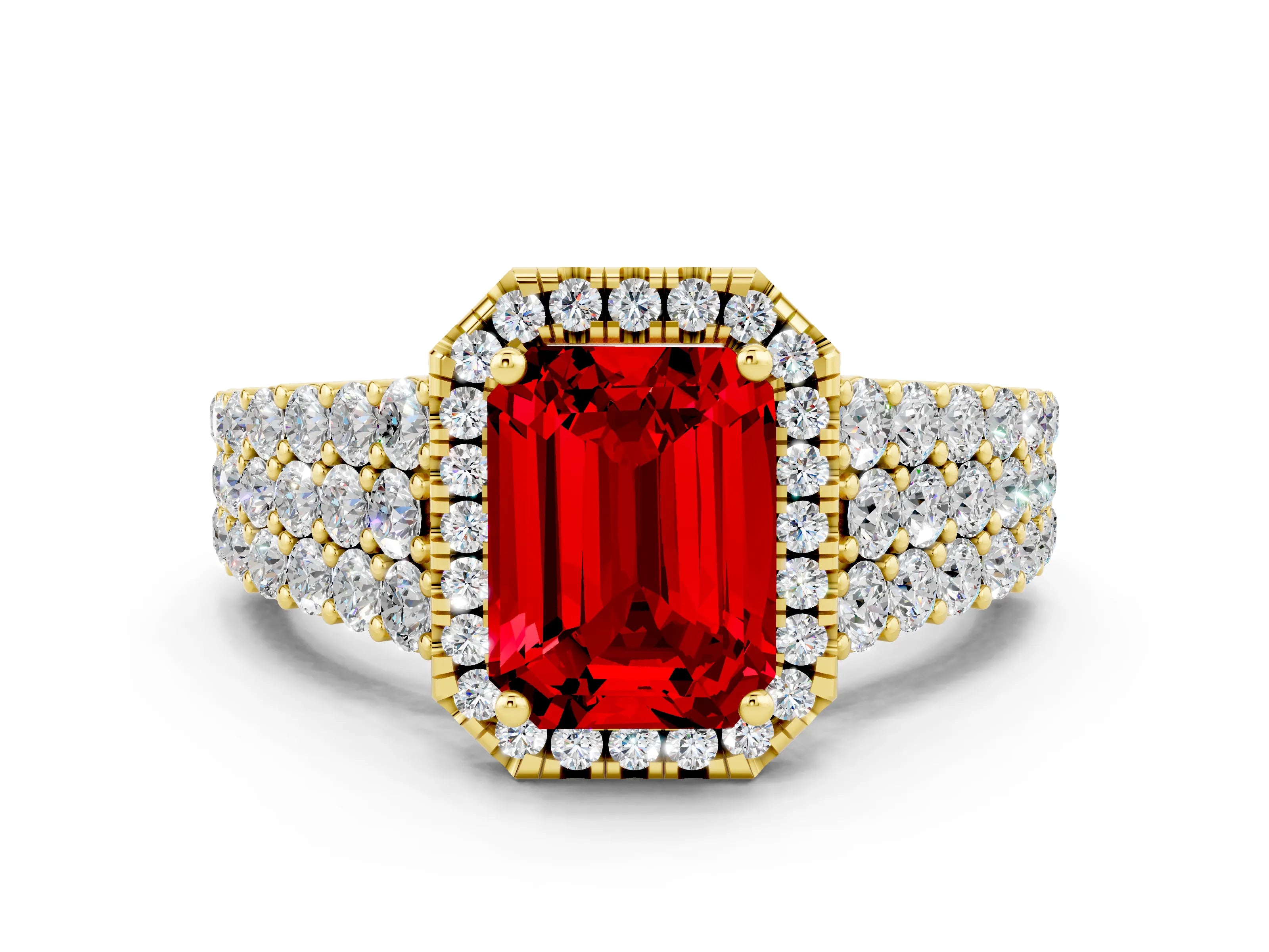 Yellow gold Emerald Cut Halo Pavé Diamond Engagement Ring with Split Shank and Four-Prong Setting