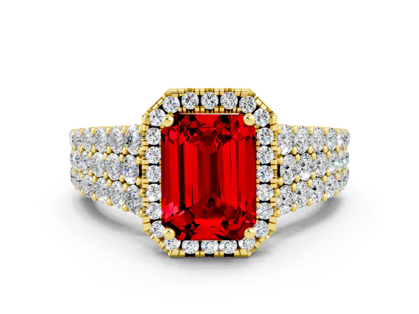 Yellow gold Emerald Cut Halo Pavé Diamond Engagement Ring with Split Shank and Four-Prong Setting