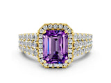 Yellow gold Emerald Cut Halo Pavé Diamond Engagement Ring with Split Shank and Four-Prong Setting