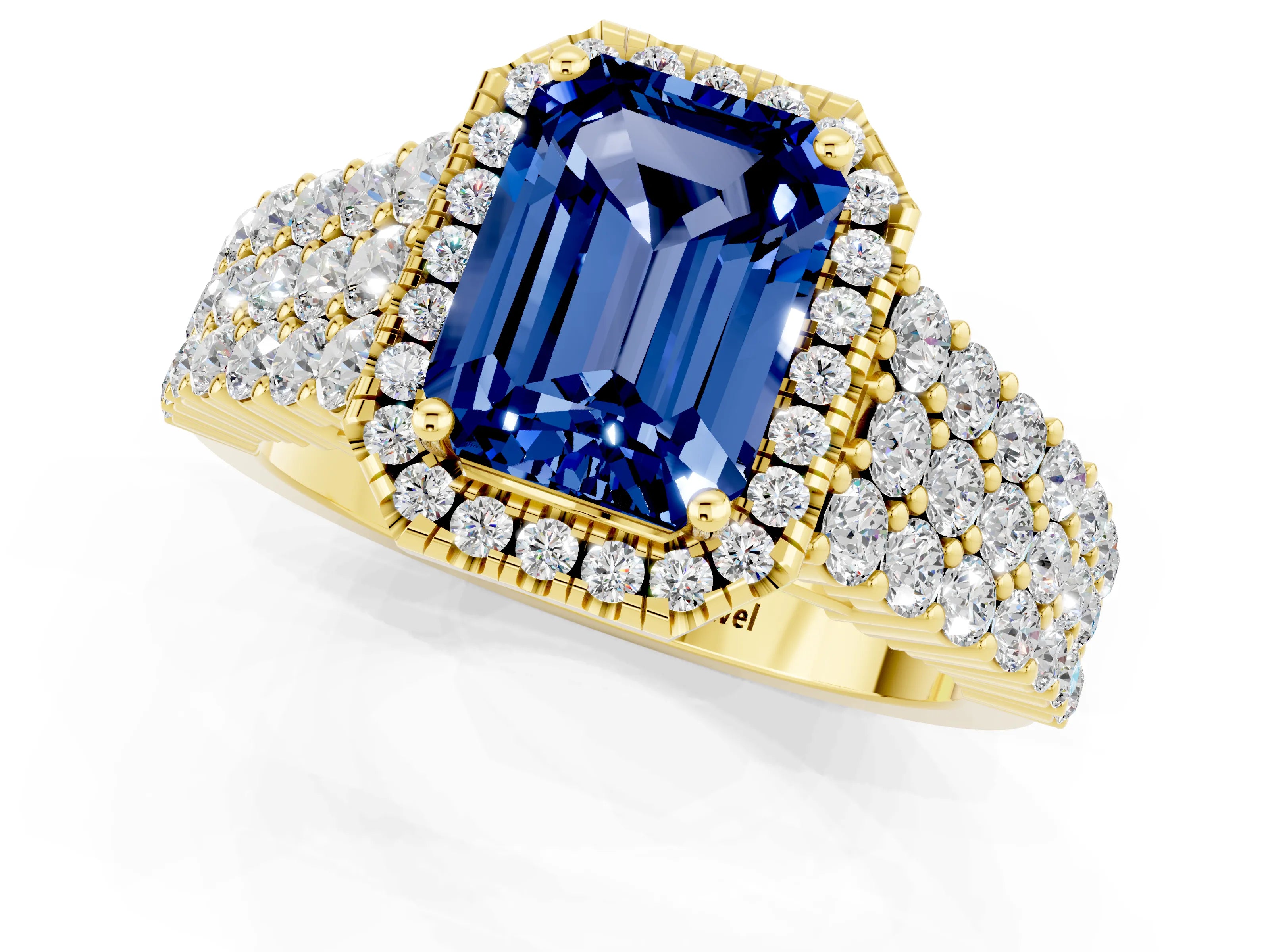 Yellow gold Emerald Cut Halo Pavé Diamond Engagement Ring with Split Shank and Four-Prong Setting_1