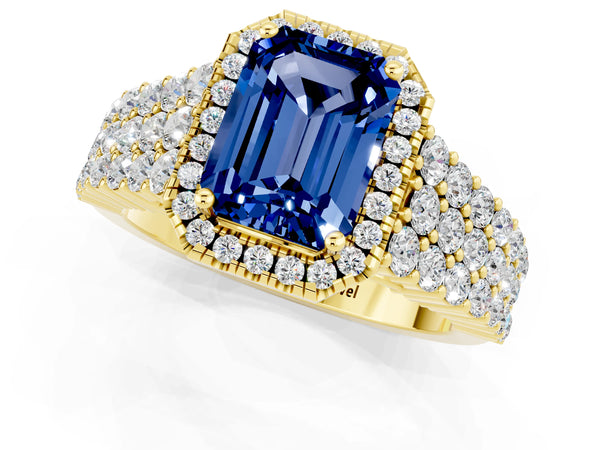 Yellow gold Emerald Cut Blue Sapphire Halo Engagement Ring with Triple Row Round Pavé Band and Prong Setting
