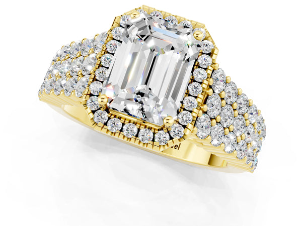 Yellow gold Emerald Cut Moissanite Halo Engagement Ring with Triple Row Round Pavé Band and Prong Setting
