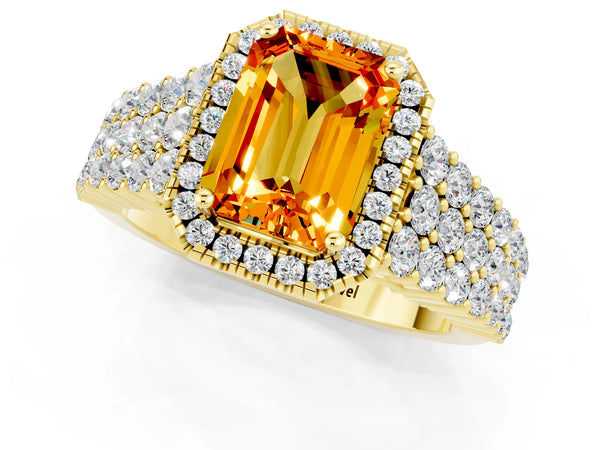 Yellow gold Emerald Cut Citrine Halo Engagement Ring with Triple Row Round Pavé Band and Prong Setting