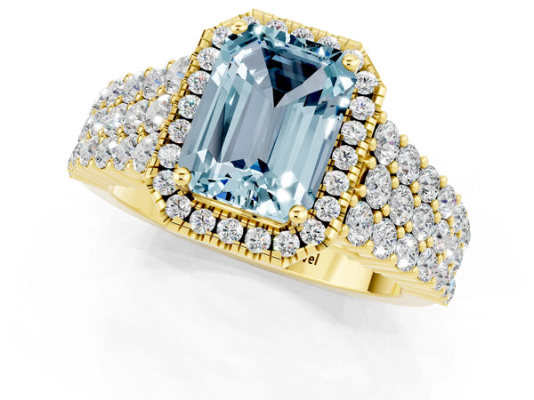 Yellow gold Emerald Cut Aquamarine Halo Engagement Ring with Triple Row Round Pavé Band and Prong Setting