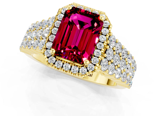 Yellow gold Emerald Cut Garnet Halo Engagement Ring with Triple Row Round Pavé Band and Prong Setting