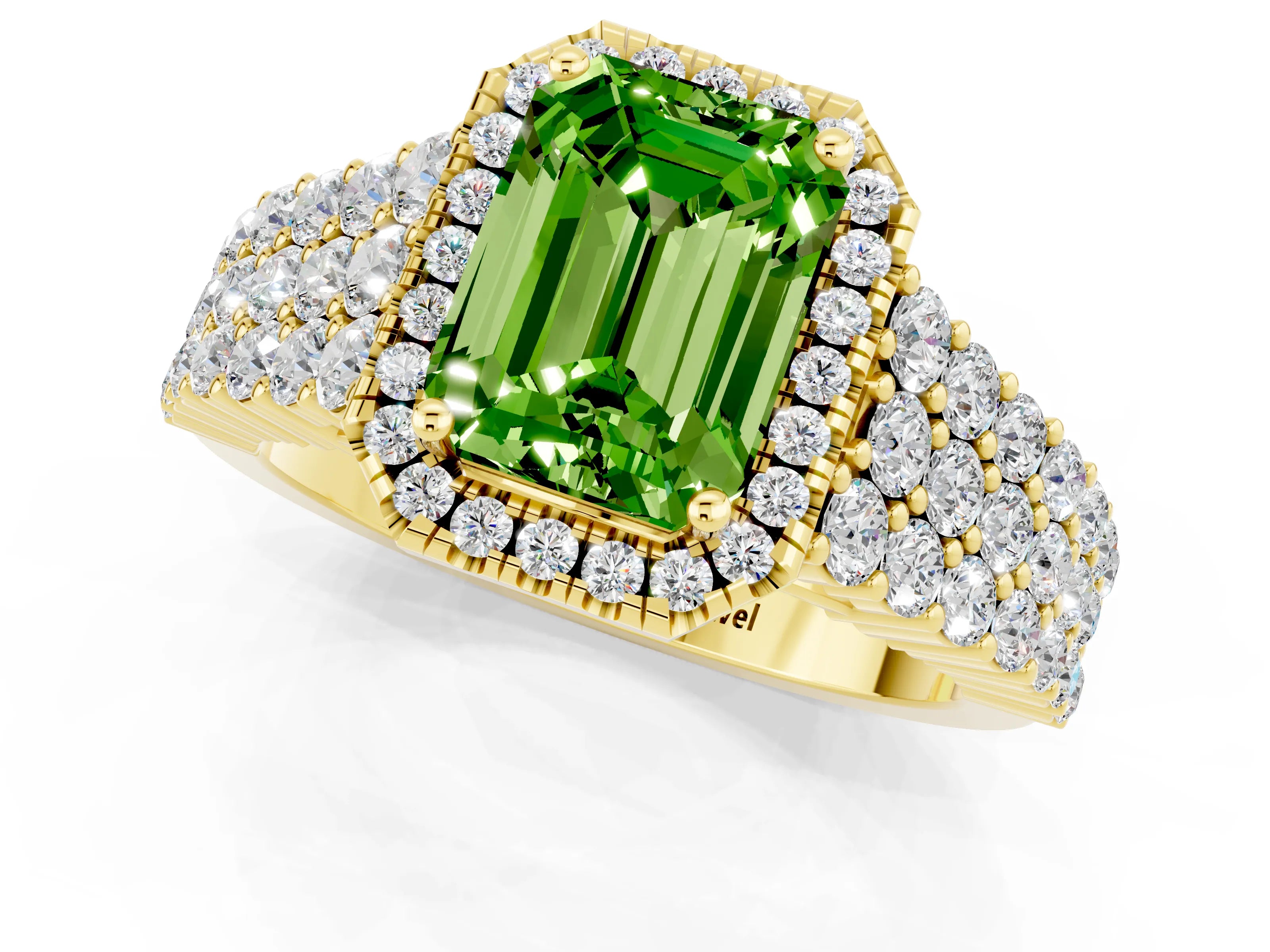 Yellow gold Emerald Cut Halo Pavé Diamond Engagement Ring with Split Shank and Four-Prong Setting_1