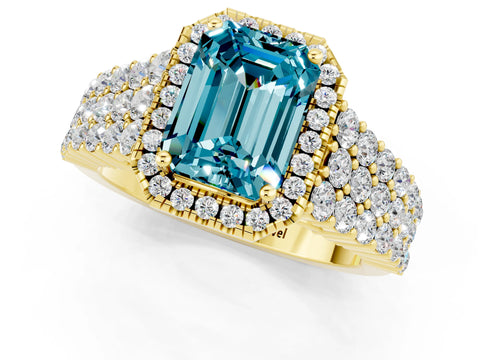 Yellow gold Emerald Cut Halo Pavé Diamond Engagement Ring with Split Shank and Four-Prong Setting_1